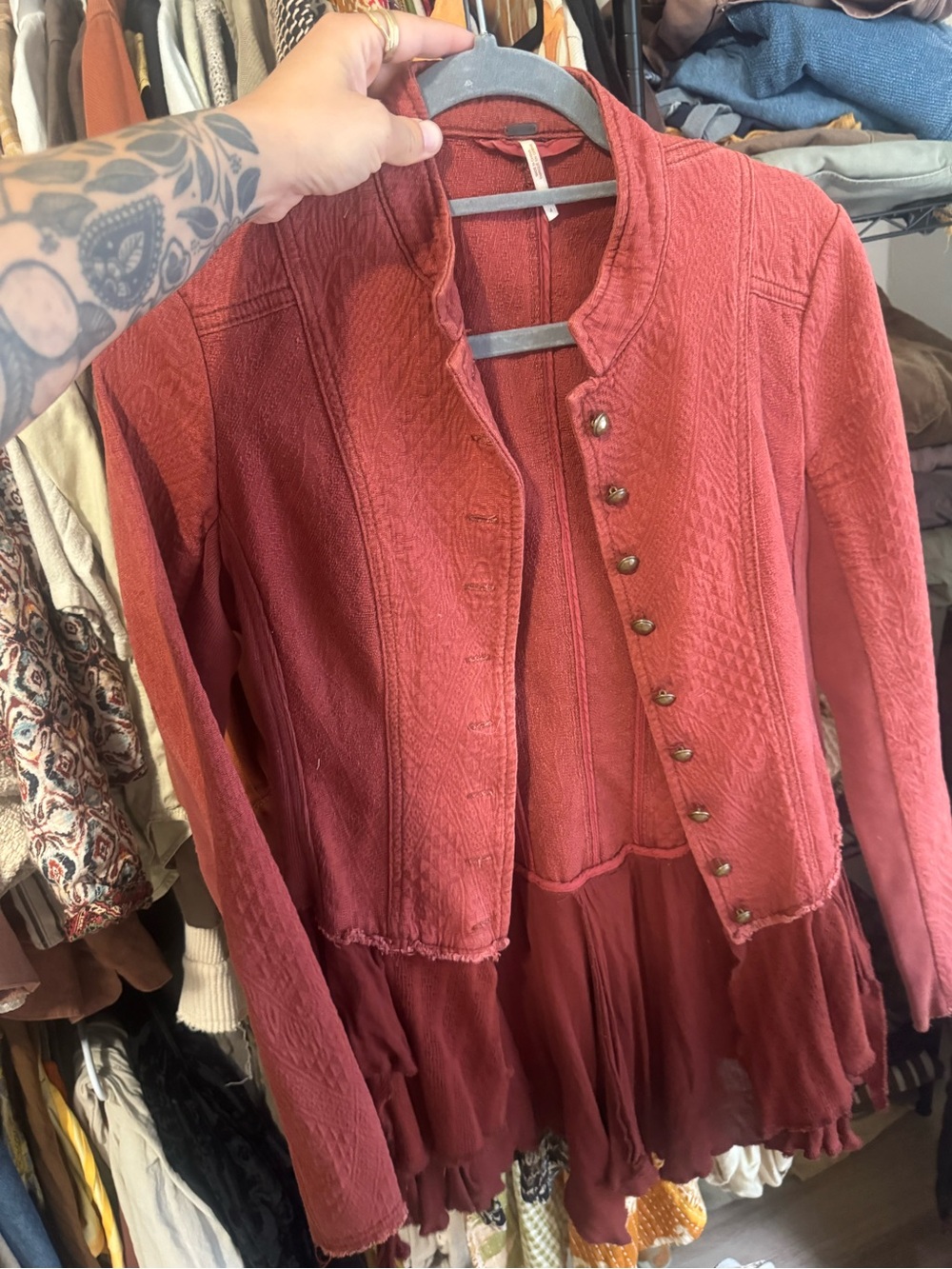Free People Rust Red Textured Button-Front Blazer